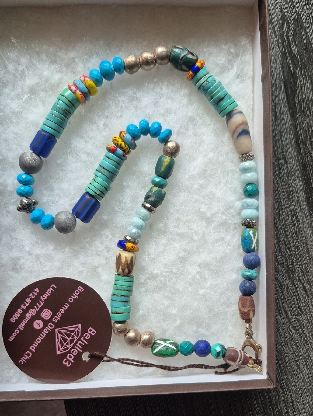 Natural Stone Beaded Necklace Turquoise Agate Lapis Sterling And African Beads